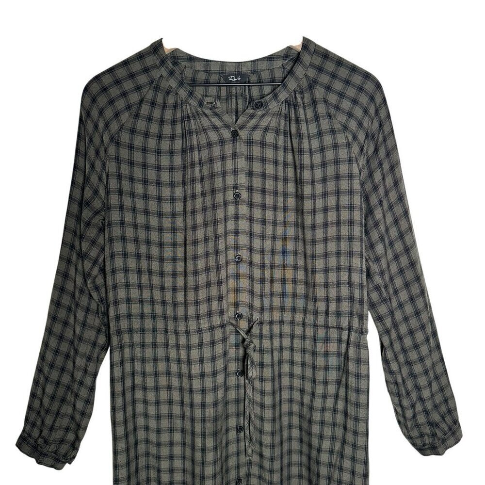 Rails Womens Small Bella Tie Waist Dress Olive Iron Check Button Up Long Sleeve - Picture 5 of 14